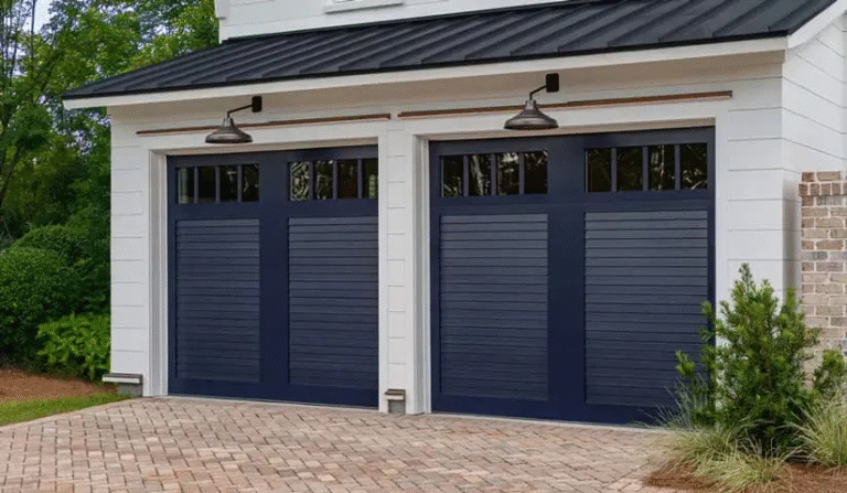 custom wooden garage doors on coastal home, wooden garages in shutter style painted navy featuring a window pane.