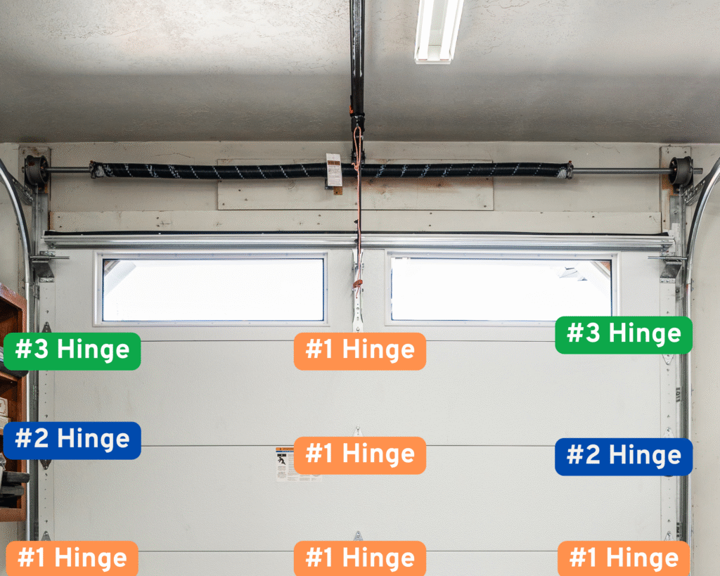garage door from inside showing location of common hinge numbers