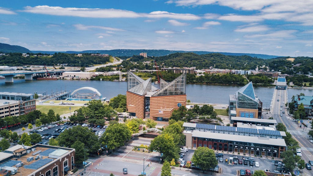 Beautiful aerial view of Chattanooga, Tennessee, showcasing the downtown area and Tennessee River.