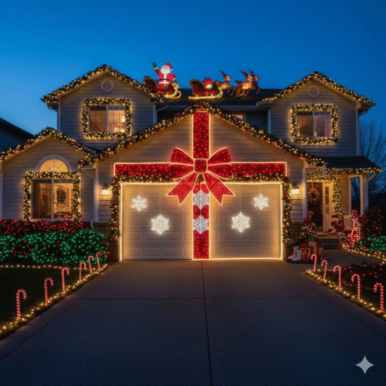 Suburban home decorated for christmas featuring a large bow and twinkles highlighting the garage