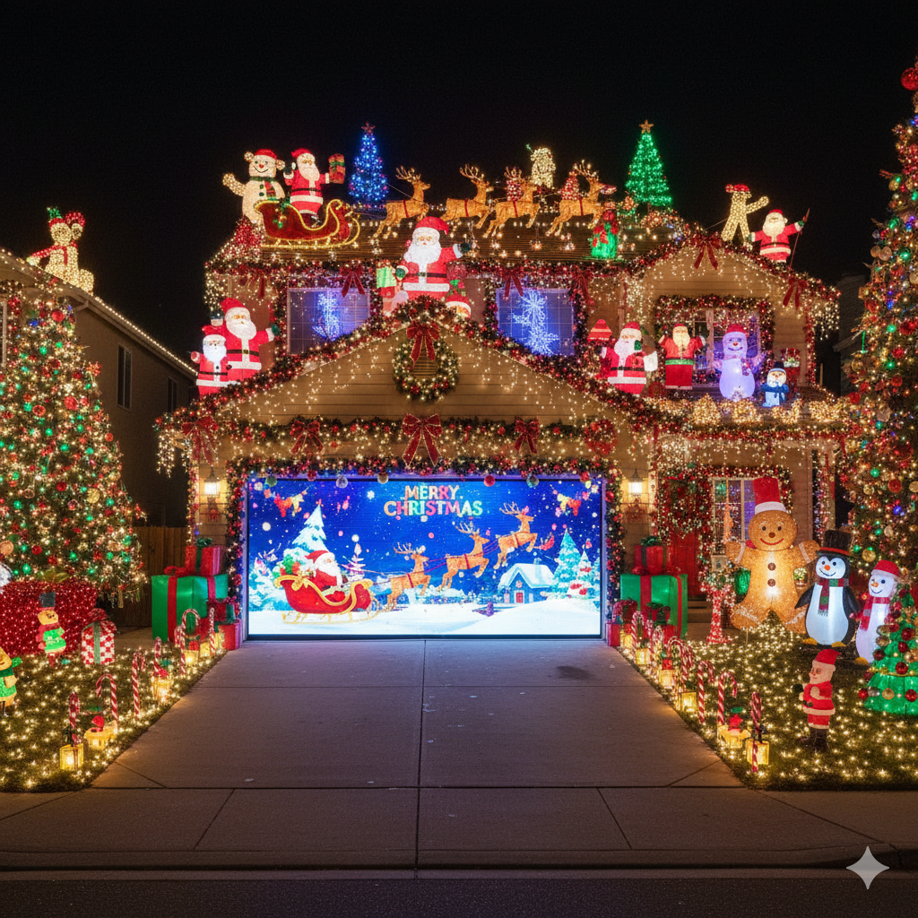 outside of home featuring garage door with santa and a fully decorated and lit up home