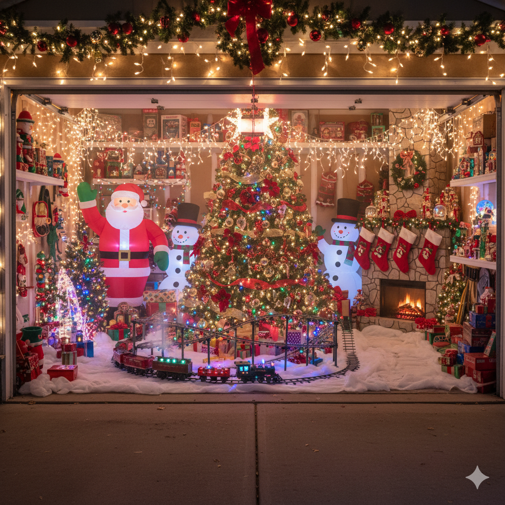 Home garage pictured form driveway featuring a fully decorated christmas scene with tree, inflatable santa and tons of lights
